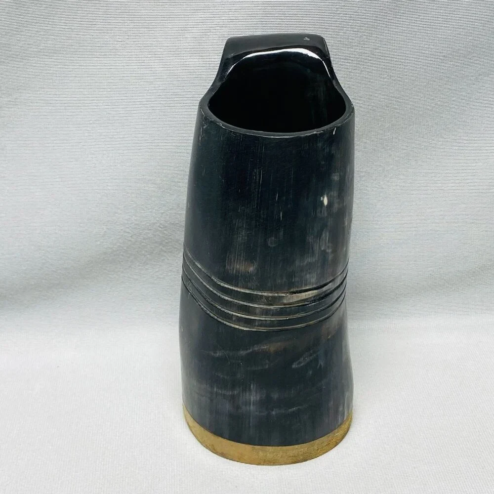 Vintage Black Horn Tankard Beer Drinking Mug With Handle & Wooden Base